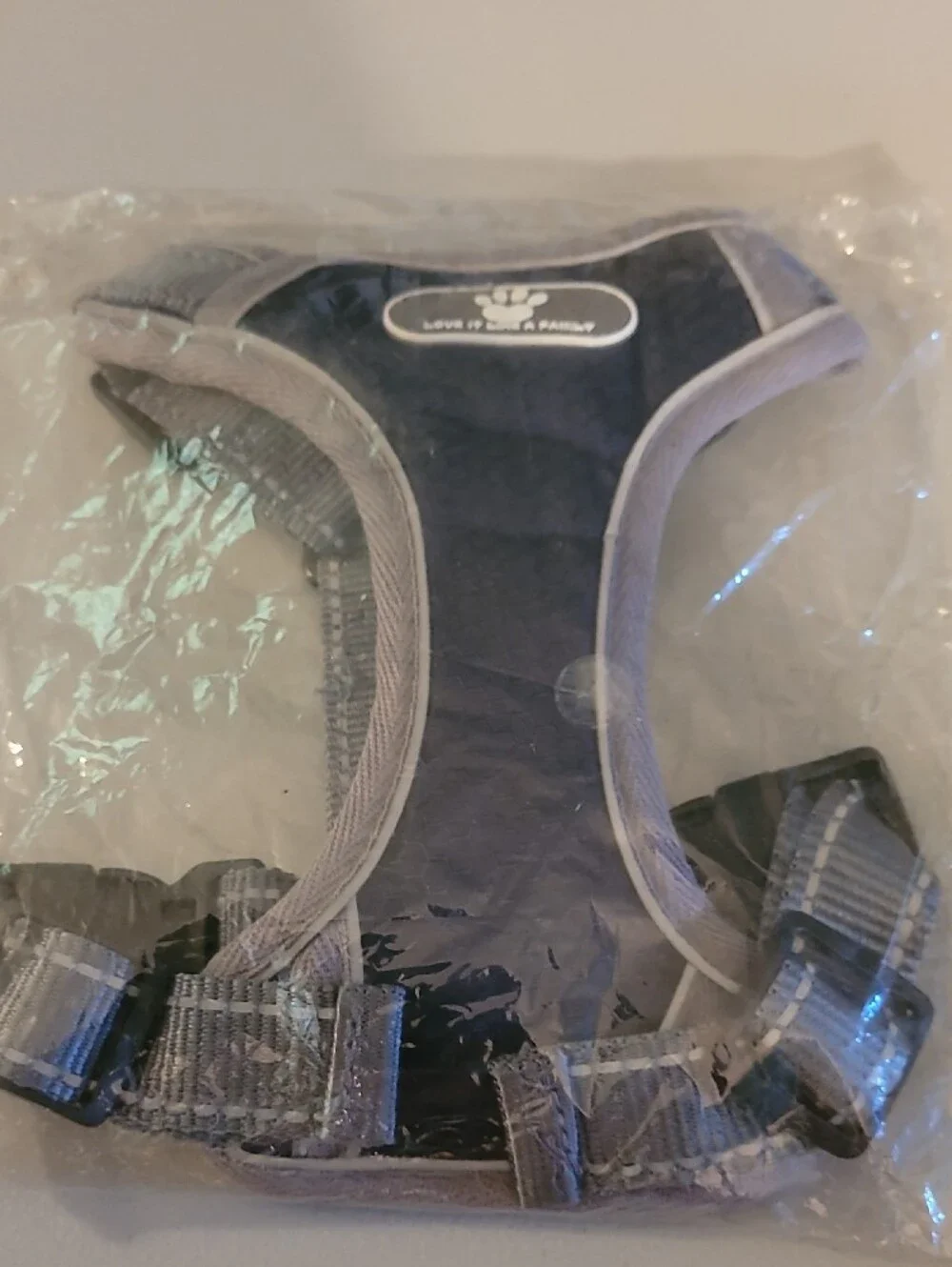 Blue Reflective Dog Harness with Gray Trim